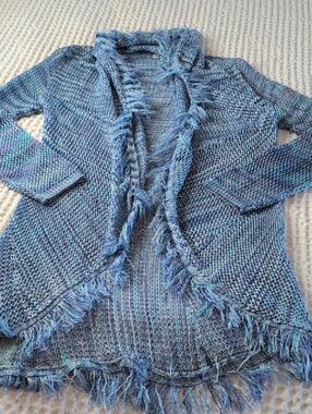 Passport Blue Mixed-Knit Fringe Open Cardigan